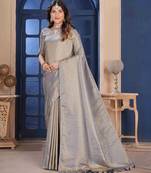 Grey Zari Woven Kanjivaram Soft Silk Blend Saree With ReadyBlouse