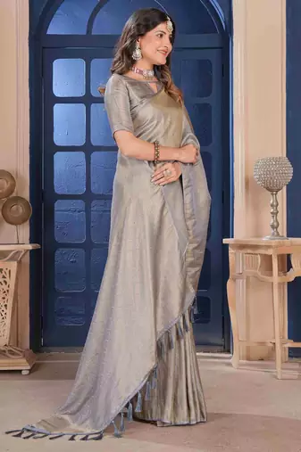 Grey Zari Woven Kanjivaram Soft Silk Blend Saree With ReadyBlouse