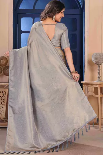 Grey Zari Woven Kanjivaram Soft Silk Blend Saree With ReadyBlouse