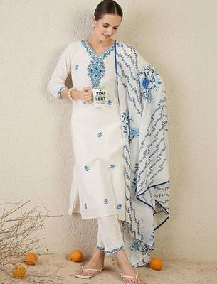 Women Floral Embroidered Thread Work Cotton Kurta with Trousers & With Dupatta 1