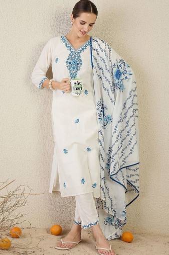 Women Floral Embroidered Thread Work Cotton Kurta with Trousers & With Dupatta