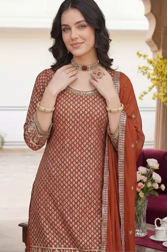 Women Ethnic Motifs Embroidered Sequinned Kurta with Palazzos & With Dupatta