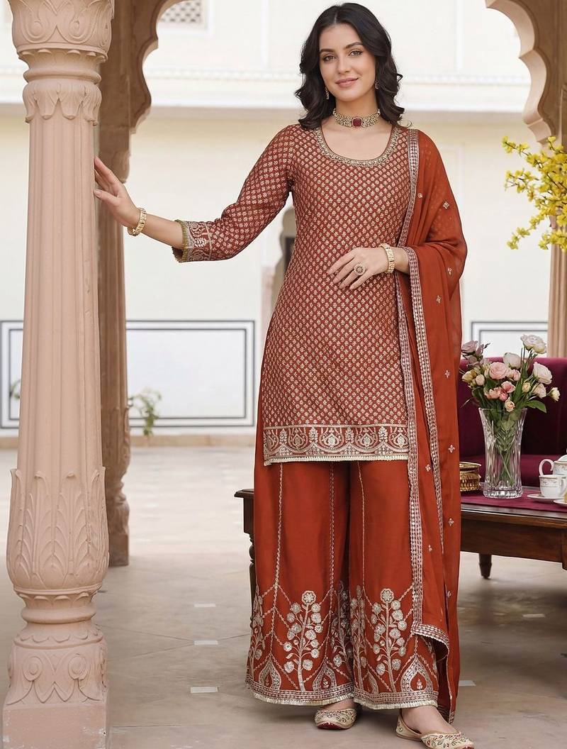 Women Ethnic Motifs Embroidered Sequinned Kurta with Palazzos & With Dupatta