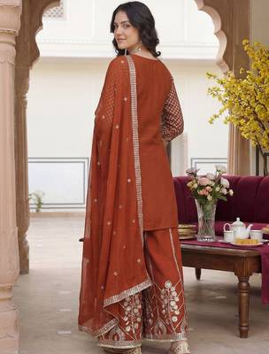 Women Ethnic Motifs Embroidered Sequinned Kurta with Palazzos & With Dupatta 6