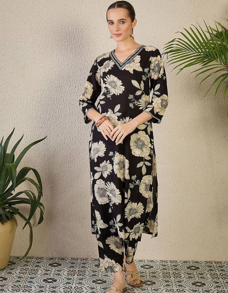 Floral Printed Cotton Kurta with Trousers
