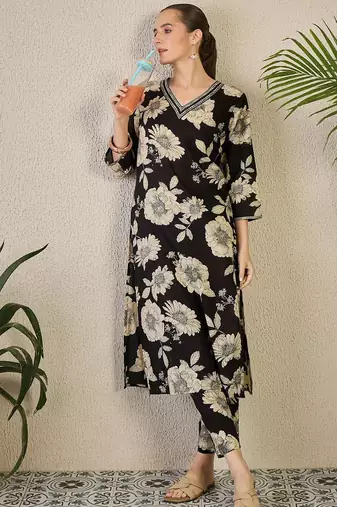 Floral Printed Cotton Kurta with Trousers