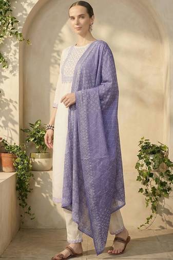 Women Ethnic Motifs Embroidered Thread Work Cotton Kurta with Trousers & With Dupatta