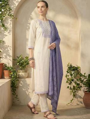 Women Ethnic Motifs Embroidered Thread Work Cotton Kurta with Trousers & With Dupatta 2