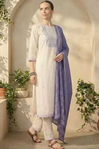Women Ethnic Motifs Embroidered Thread Work Cotton Kurta with Trousers & With Dupatta