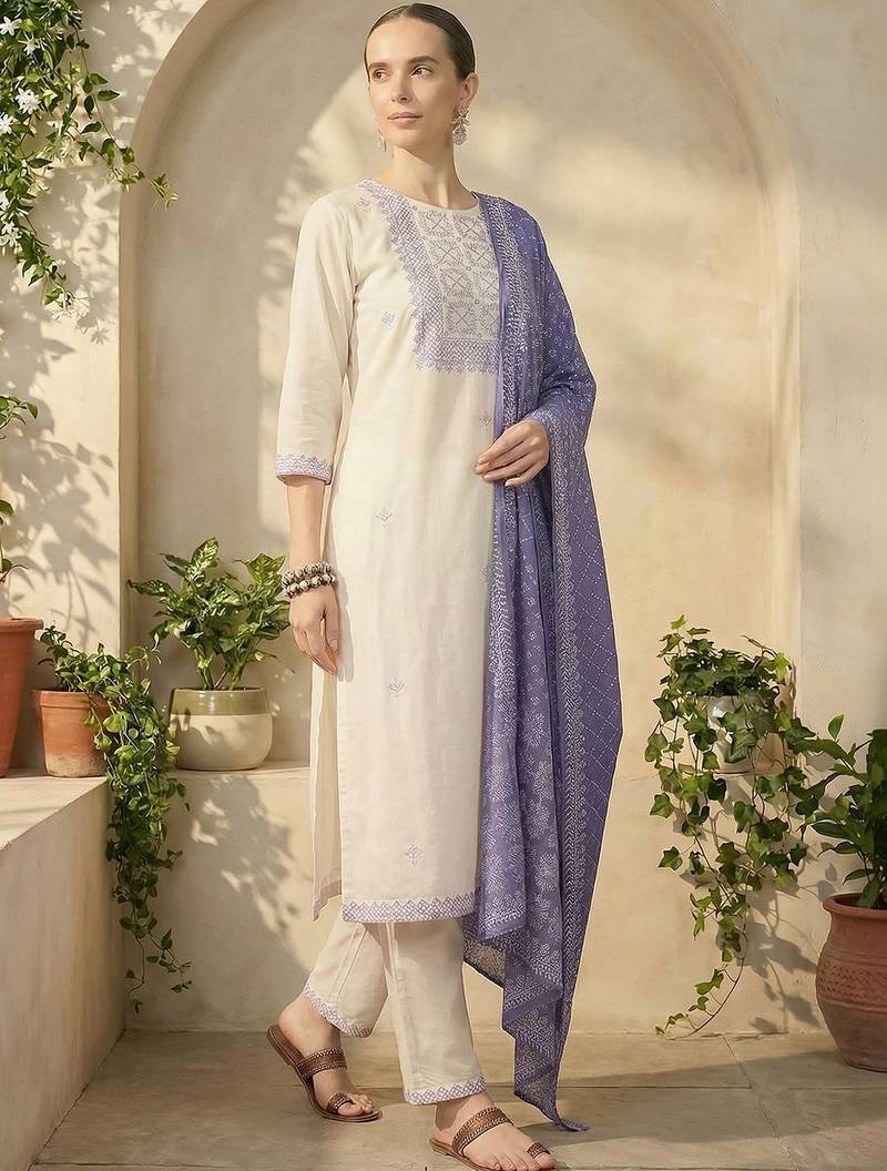 Women Ethnic Motifs Embroidered Thread Work Cotton Kurta with Trousers & With Dupatta