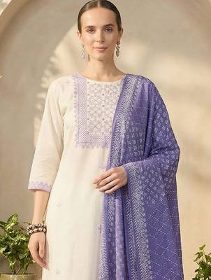 Women Ethnic Motifs Embroidered Thread Work Cotton Kurta with Trousers & With Dupatta 4