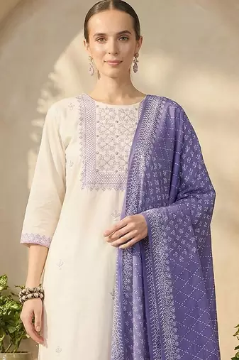 Women Ethnic Motifs Embroidered Thread Work Cotton Kurta with Trousers & With Dupatta
