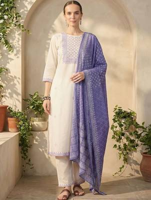 Women Ethnic Motifs Embroidered Thread Work Cotton Kurta with Trousers & With Dupatta 5