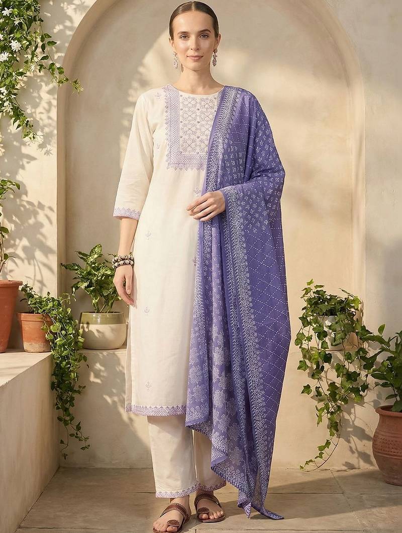 Women Ethnic Motifs Embroidered Thread Work Cotton Kurta with Trousers & With Dupatta
