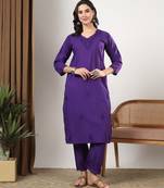 Women purple floral motifs embroidered chikankari cotton ethnic kurta palazzo set
