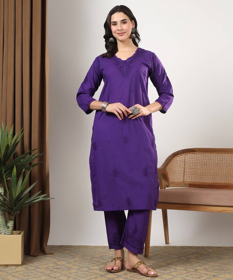 Women purple floral motifs embroidered chikankari cotton ethnic kurta palazzo set