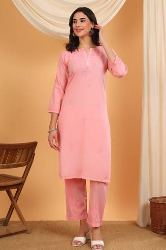 Women peach ethnic motifs embroidered chikankari mukaish work cotton ethnic kurta palazzo set