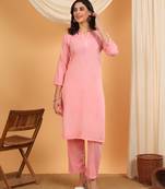 Women peach ethnic motifs embroidered chikankari mukaish work cotton ethnic kurta palazzo set
