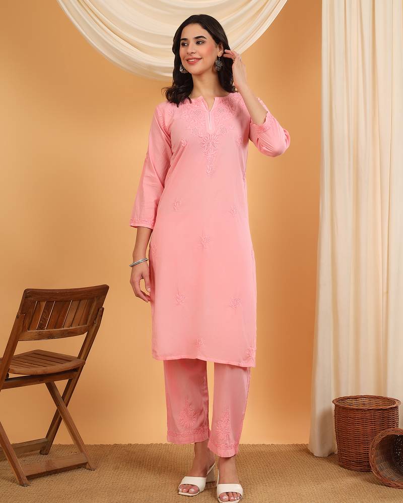 Women peach ethnic motifs embroidered chikankari mukaish work cotton ethnic kurta palazzo set