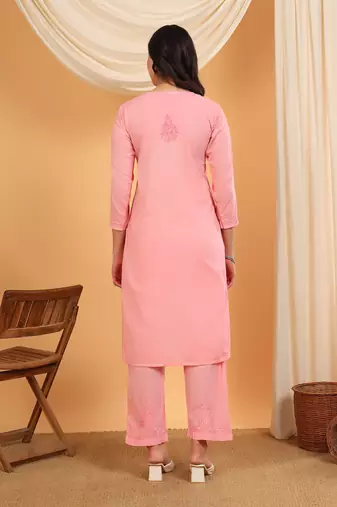 Women peach ethnic motifs embroidered chikankari mukaish work cotton ethnic kurta palazzo set