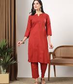 Women red ethnic motifs embroidered chikankari mukaish work cotton ethnic kurta palazzo set