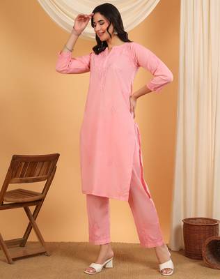 Women peach ethnic motifs embroidered chikankari mukaish work cotton ethnic kurta palazzo set 3