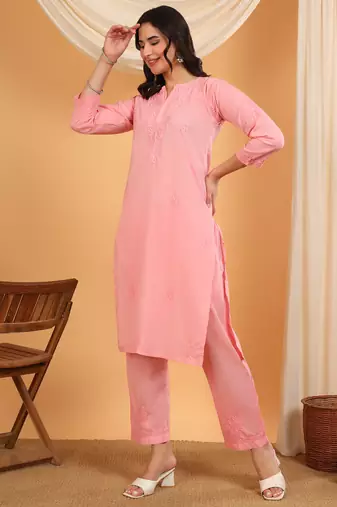 Women peach ethnic motifs embroidered chikankari mukaish work cotton ethnic kurta palazzo set