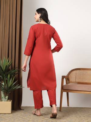 Women red ethnic motifs embroidered chikankari mukaish work cotton ethnic kurta palazzo set 2