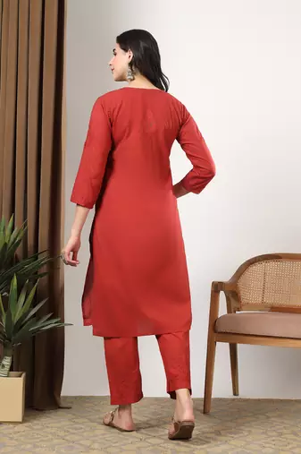 Women red ethnic motifs embroidered chikankari mukaish work cotton ethnic kurta palazzo set