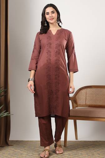 Women brown ethnic motifs embroidered chikankari ombre front slit kurta palazzo set