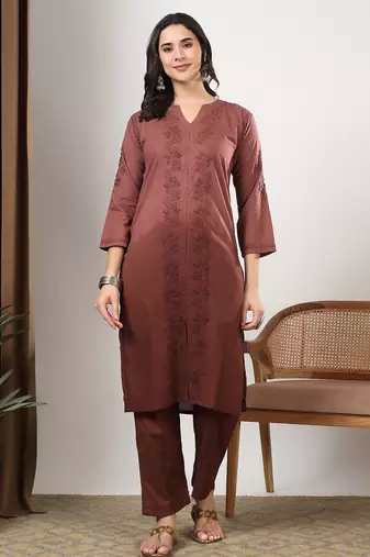 Women brown ethnic motifs embroidered chikankari ombre front slit kurta palazzo set