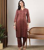 Women brown ethnic motifs embroidered chikankari ombre front slit kurta palazzo set