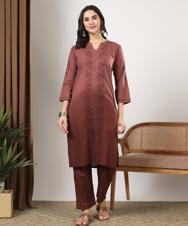 Women brown ethnic motifs embroidered chikankari ombre front slit kurta palazzo set