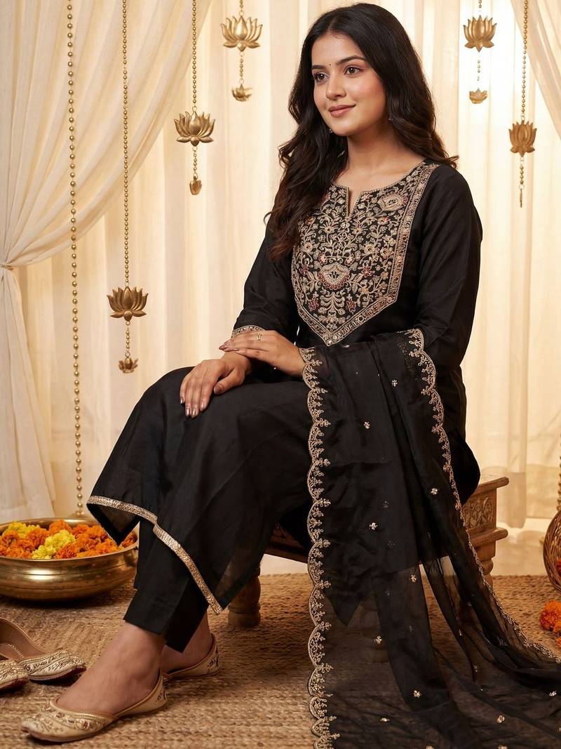 Women Ethnic Motifs Embroidered Thread Work Kurta with Trousers & With Dupatta