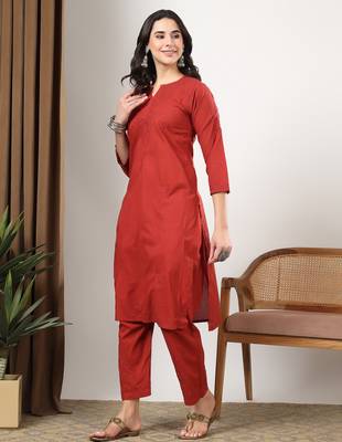Women red ethnic motifs embroidered chikankari mukaish work cotton ethnic kurta palazzo set 3