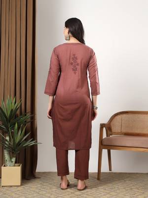 Women brown ethnic motifs embroidered chikankari ombre front slit kurta palazzo set 2