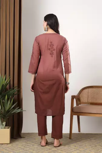 Women brown ethnic motifs embroidered chikankari ombre front slit kurta palazzo set