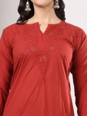 Women red ethnic motifs embroidered chikankari mukaish work cotton ethnic kurta palazzo set 4