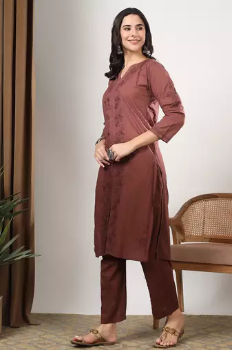 Women brown ethnic motifs embroidered chikankari ombre front slit kurta palazzo set