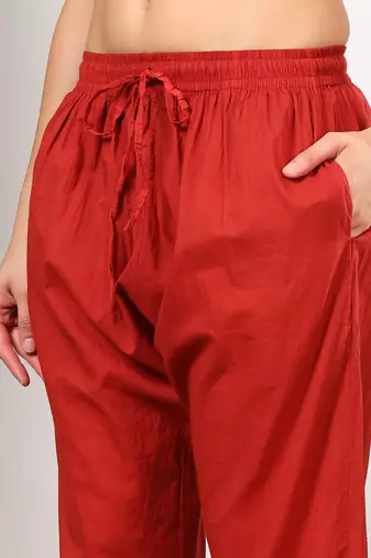 Women red ethnic motifs embroidered chikankari mukaish work cotton ethnic kurta palazzo set