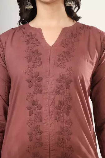 Women brown ethnic motifs embroidered chikankari ombre front slit kurta palazzo set