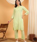 Women green ethnic motifs embroidered chikankari cotton tie up neck kurta palazzo set
