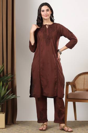 Women brown ethnic motifs embroidered chikankari cotton tie up neck kurta palazzo set