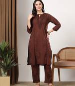 Women brown ethnic motifs embroidered chikankari cotton tie up neck kurta palazzo set