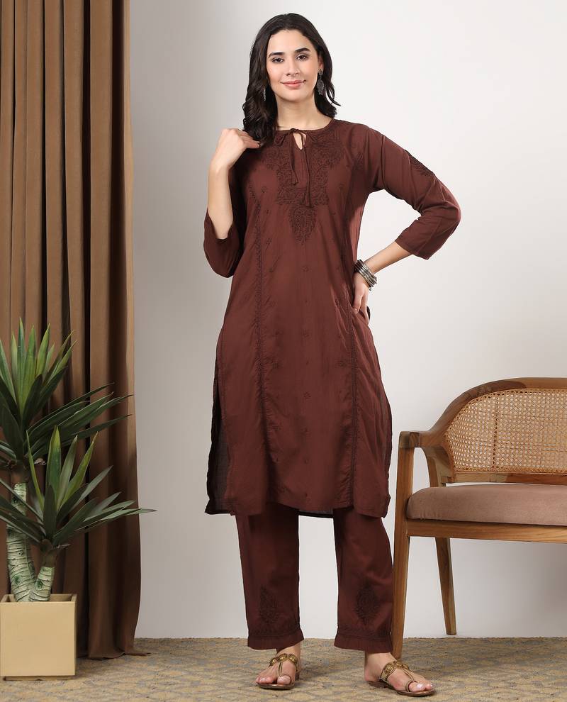 Women brown ethnic motifs embroidered chikankari cotton tie up neck kurta palazzo set