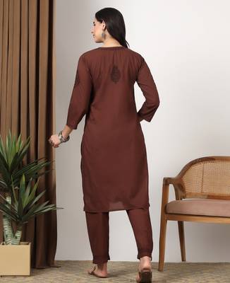 Women brown ethnic motifs embroidered chikankari cotton tie up neck kurta palazzo set 2