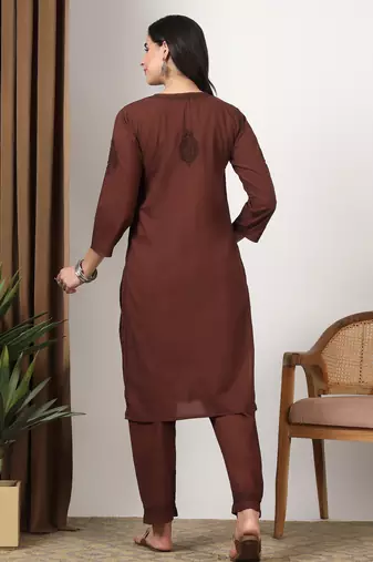 Women brown ethnic motifs embroidered chikankari cotton tie up neck kurta palazzo set