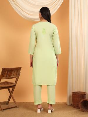 Women green ethnic motifs embroidered chikankari cotton tie up neck kurta palazzo set 2