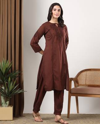 Women brown ethnic motifs embroidered chikankari cotton tie up neck kurta palazzo set 3