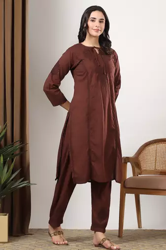 Women brown ethnic motifs embroidered chikankari cotton tie up neck kurta palazzo set